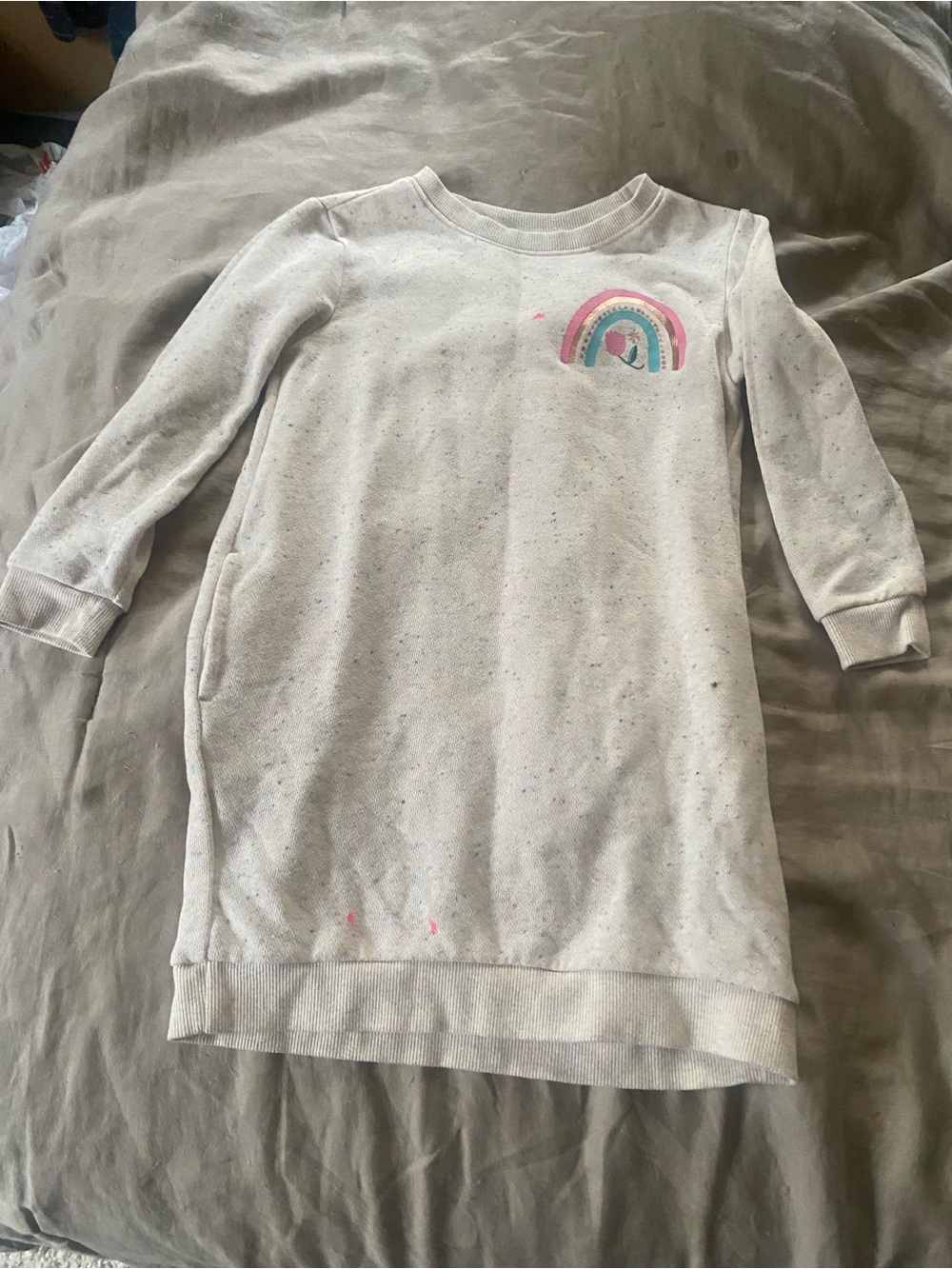 Cream Speckled Sweatshirt Dress with Pastel Rainbow